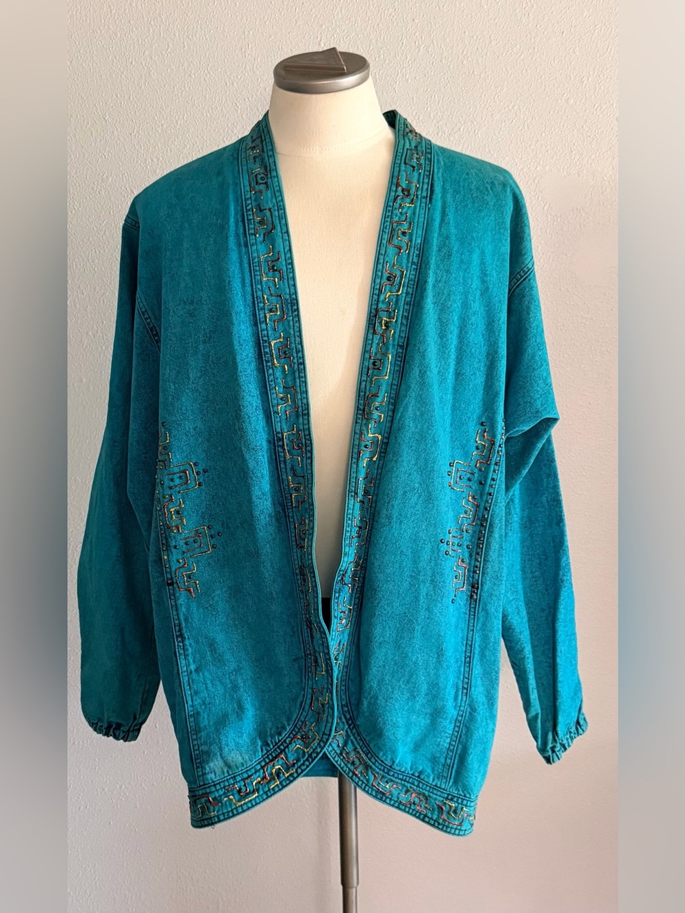Sundance Native Hand Painted Western Teal Open-Front Jean Jacket Large